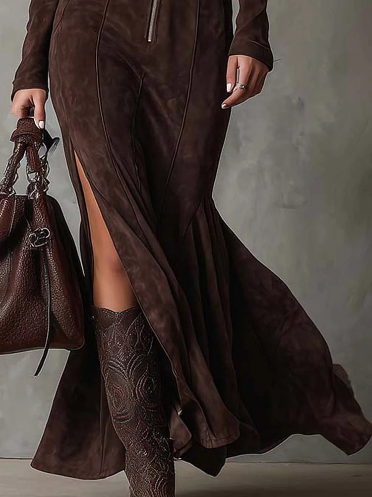 Isabella | Abito Lungo Marrone con Cintura Elegante
